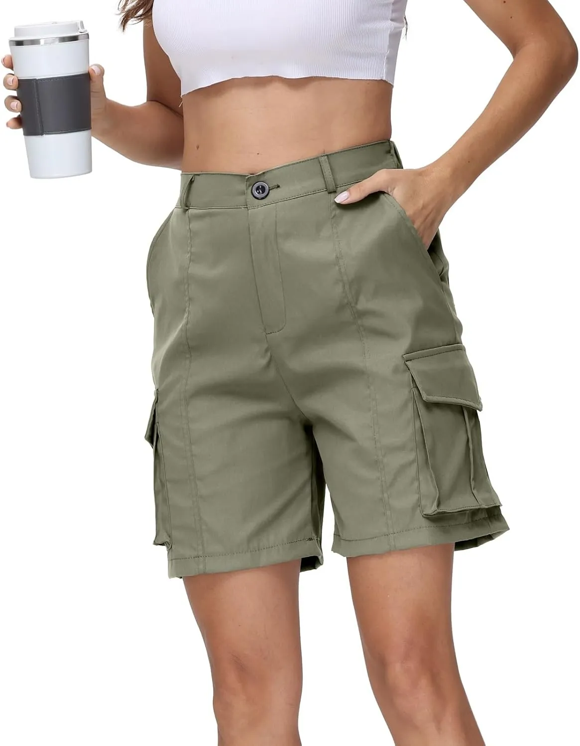fanmpghleoo Women's Hiking Cargo Shorts Summer Casual Elastic Waist Bermuda Shorts Athletic Golf Long Shorts with 6 Pockets