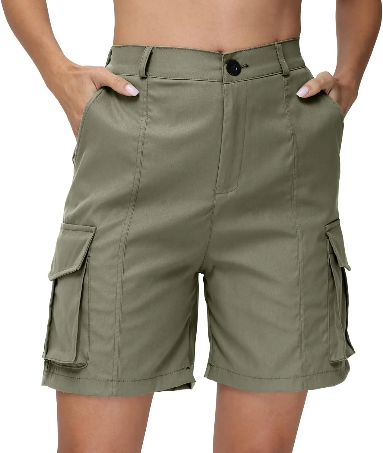 fanmpghleoo Women's Hiking Cargo Shorts Summer Casual Elastic Waist Bermuda Shorts Athletic Golf Long Shorts with 6 Pockets