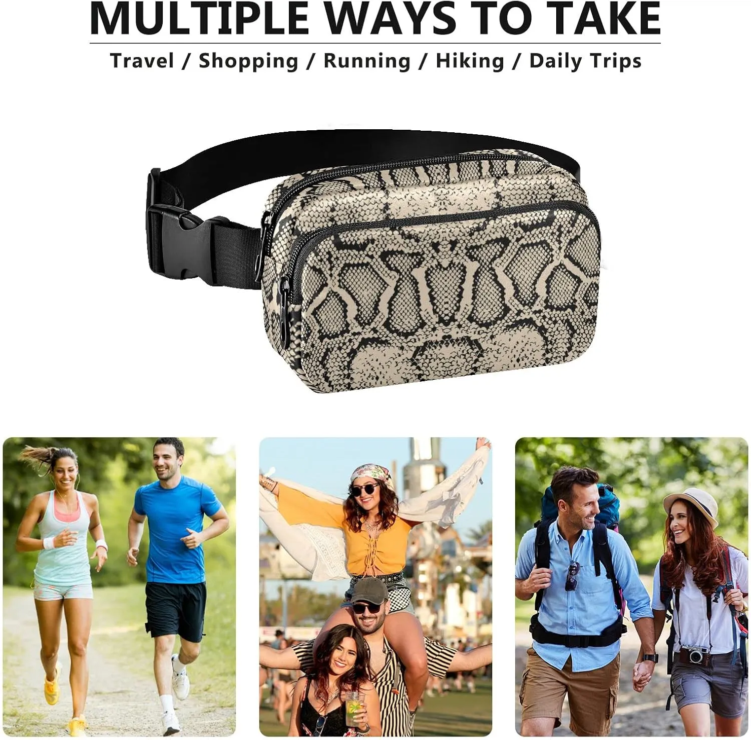 Fanny Pack Crossbody for Women & Men Snake Skin WaistPack with Adjustable Strap Pack Belt Bag Hip Bum Bag for Running Hiking Cycling Workout Traveling