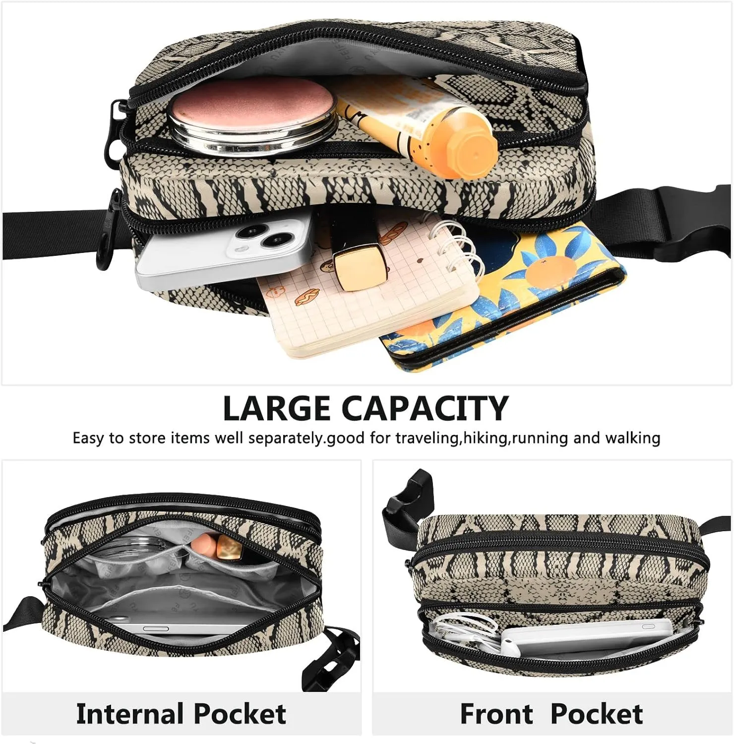 Fanny Pack Crossbody for Women & Men Snake Skin WaistPack with Adjustable Strap Pack Belt Bag Hip Bum Bag for Running Hiking Cycling Workout Traveling