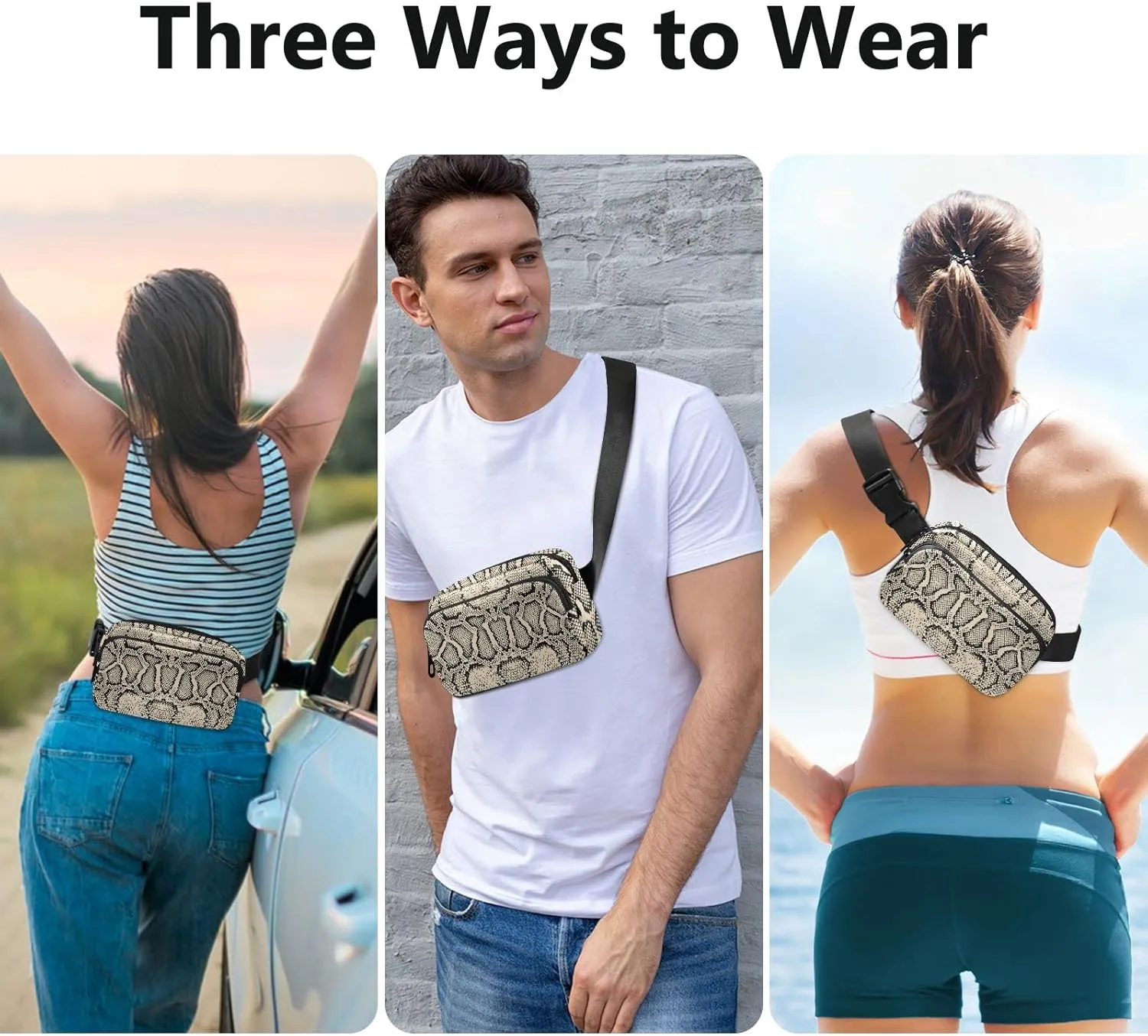 Fanny Pack Crossbody for Women & Men Snake Skin WaistPack with Adjustable Strap Pack Belt Bag Hip Bum Bag for Running Hiking Cycling Workout Traveling