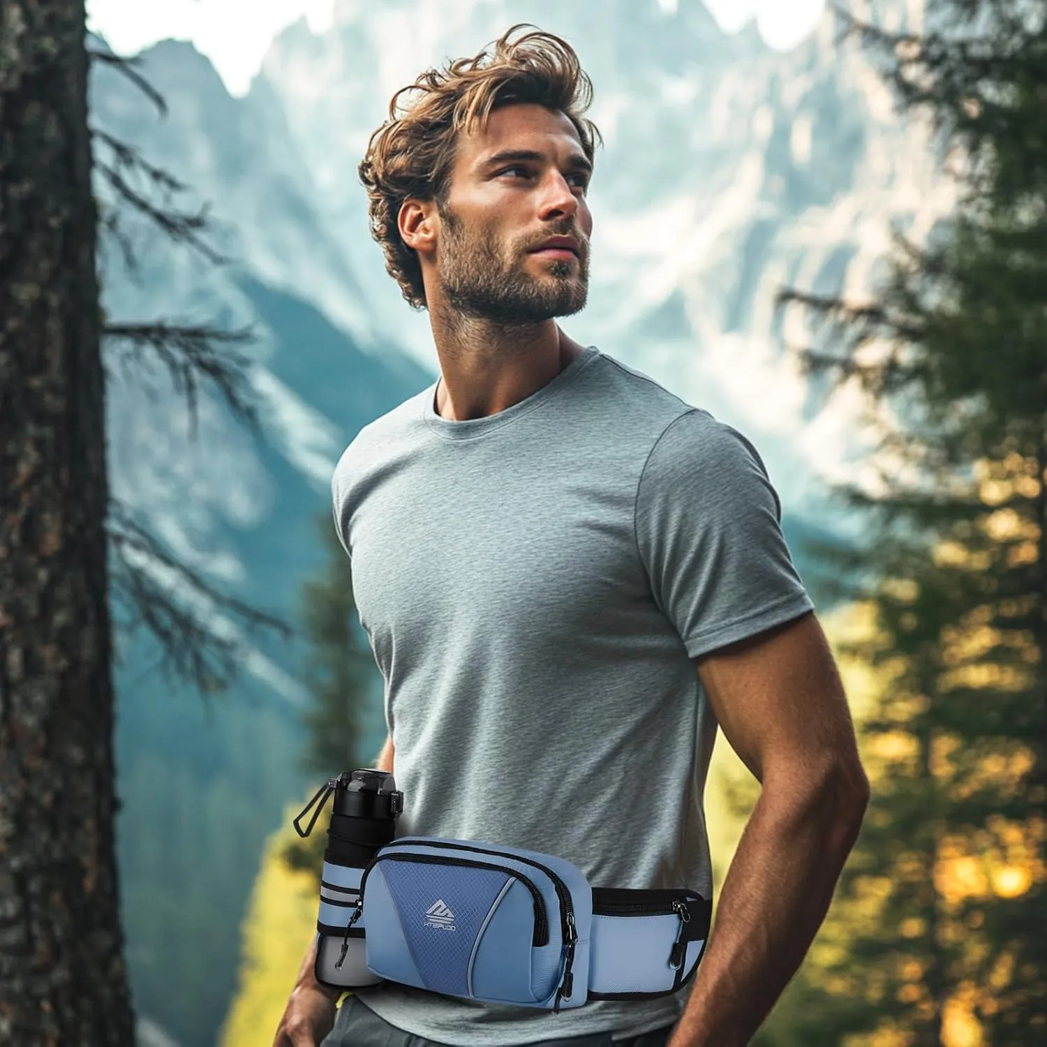 Fanny Pack for Men Women Waist Bag with Water Bottle Holder for Hiking, travel,Dog Walking, Workout,Cycling (Dark Blue)