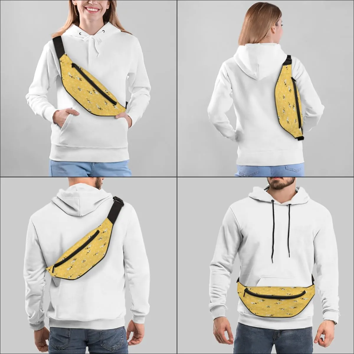 Fanny Pack for Women Men Cartoon Bees Geometric Print Waist Pack Crossbody Bag with Adjustable Straps for Hiking Running Walking Travel Cycling