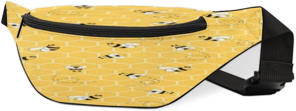 Fanny Pack for Women Men Cartoon Bees Geometric Print Waist Pack Crossbody Bag with Adjustable Straps for Hiking Running Walking Travel Cycling
