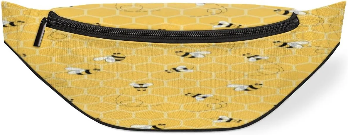 Fanny Pack for Women Men Cartoon Bees Geometric Print Waist Pack Crossbody Bag with Adjustable Straps for Hiking Running Walking Travel Cycling