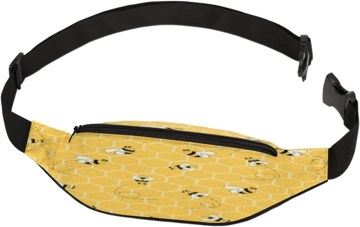 Fanny Pack for Women Men Cartoon Bees Geometric Print Waist Pack Crossbody Bag with Adjustable Straps for Hiking Running Walking Travel Cycling