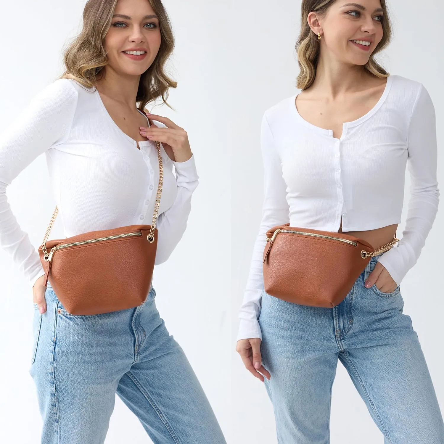 Fanny Pack for Women Vegan Leather Cross body Chain Belt Purse Chest Bag Bum Hip Waist Pack for Travel Outdoor Hiking (Brown)