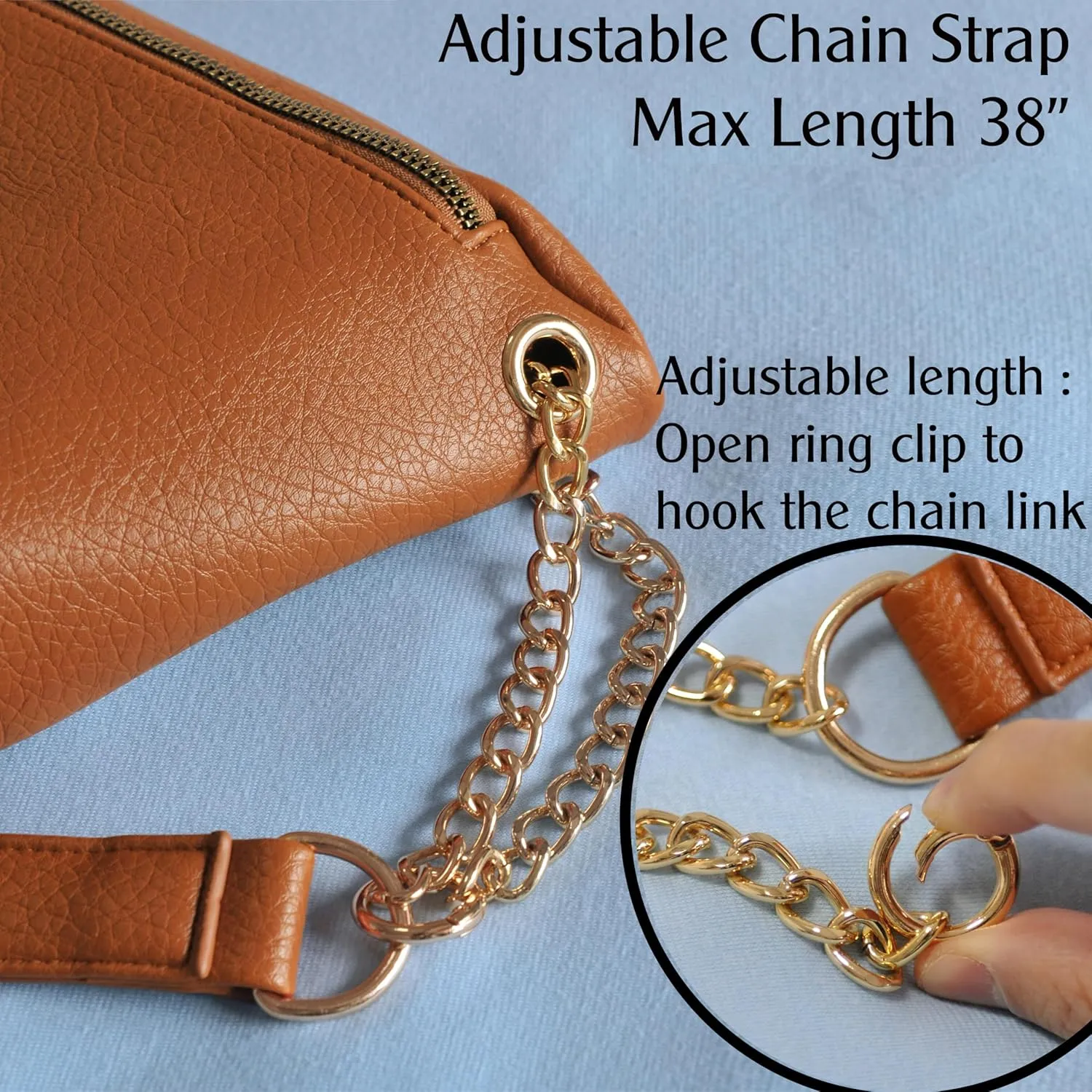 Fanny Pack for Women Vegan Leather Cross body Chain Belt Purse Chest Bag Bum Hip Waist Pack for Travel Outdoor Hiking (Brown)