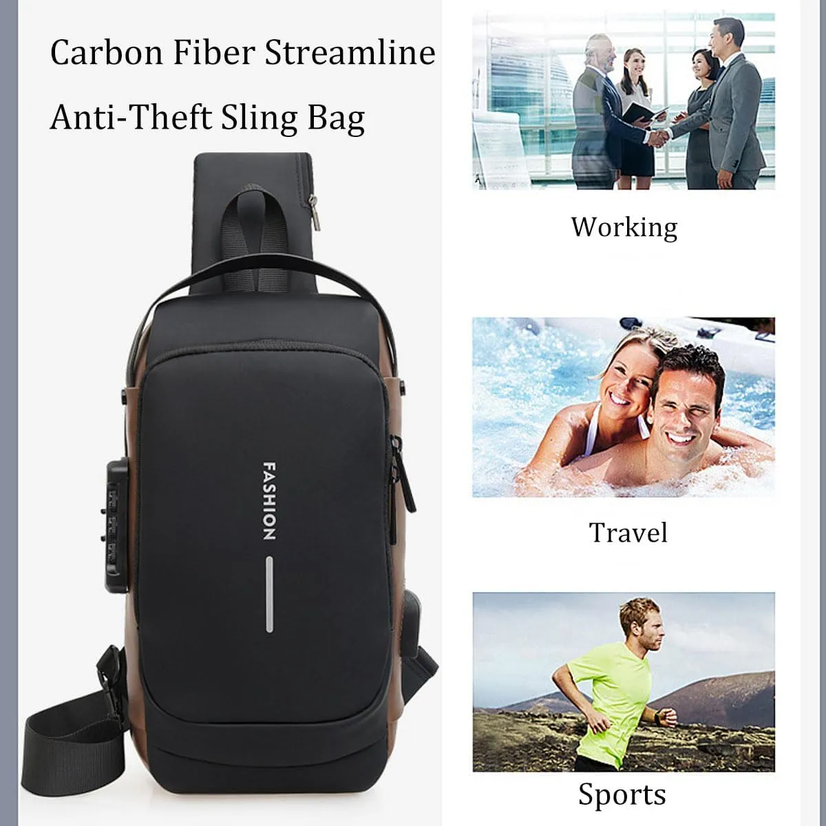 Fashion New Carbon Fiber Streamline Anti-Theft Sling Bag,Crossbody Shoulder Bag with USB Charging Port,For Sports Travel