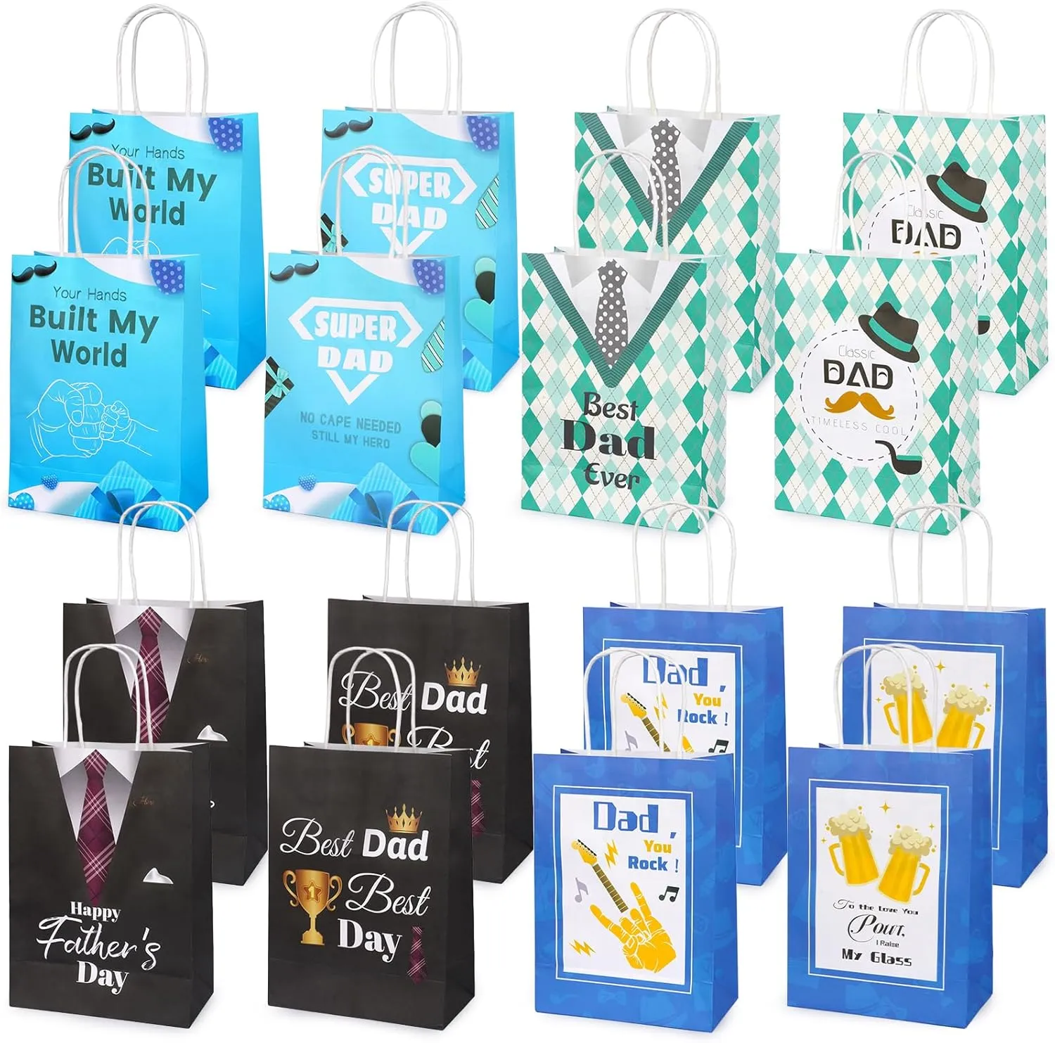Father's Day Gift Bag -4 Patterns Each 4pcs (16pcs) 6.3 × 3 × 9 In, Medium-Size, The Best Dad, Paper Gift Bag With Handle Double-Sided Color Printing For Dads, Grandfathers and Husbands