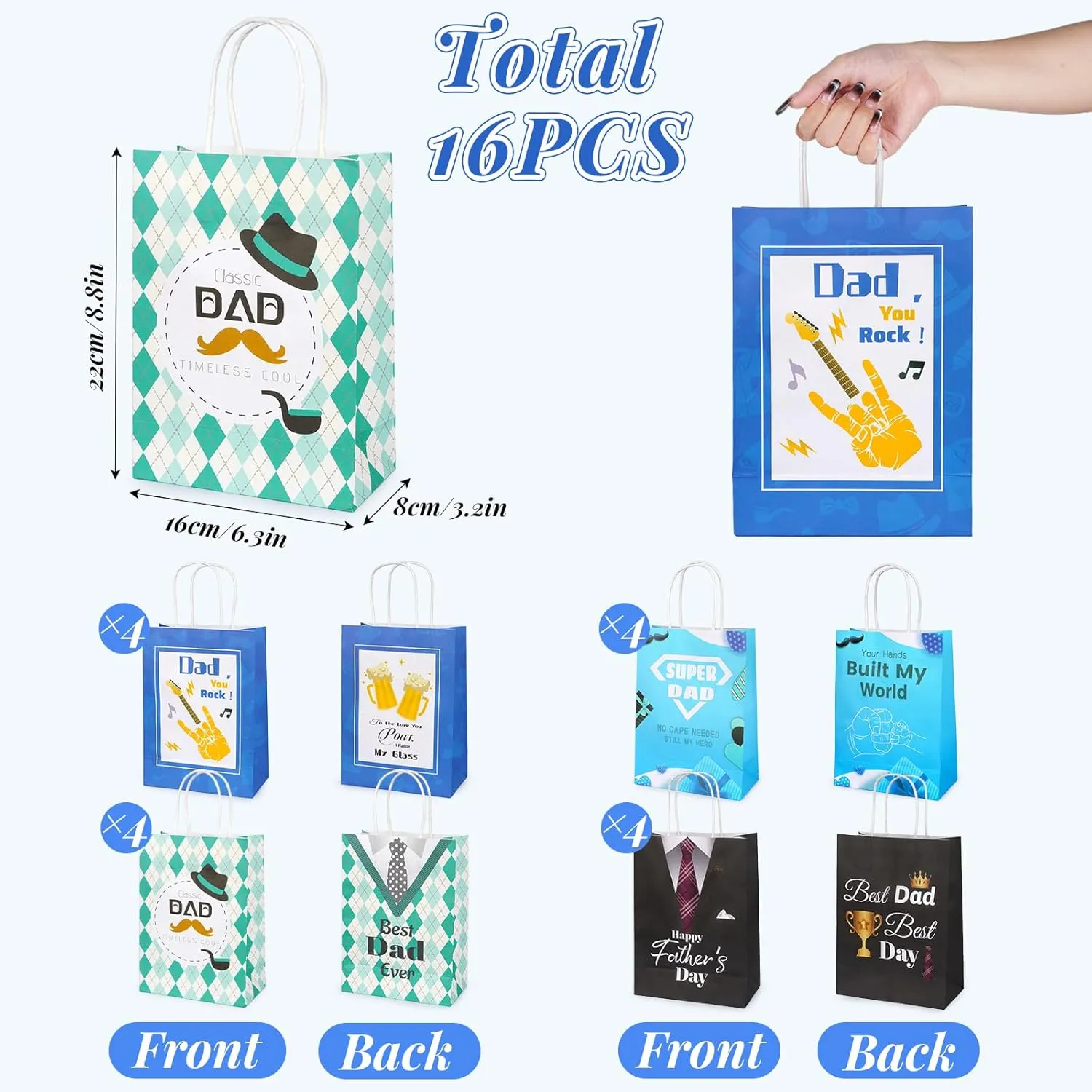 Father's Day Gift Bag -4 Patterns Each 4pcs (16pcs) 6.3 × 3 × 9 In, Medium-Size, The Best Dad, Paper Gift Bag With Handle Double-Sided Color Printing For Dads, Grandfathers and Husbands