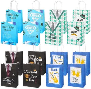 Father's Day Gift Bag -4 Patterns Each 4pcs (16pcs) 6.3 × 3 × 9 In, Medium-Size, The Best Dad, Paper Gift Bag With Handle Double-Sided Color Printing For Dads, Grandfathers and Husbands