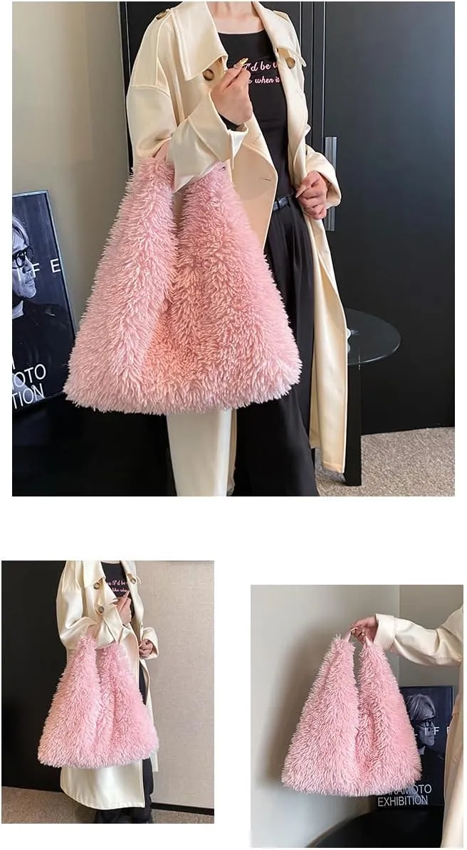Faux Fur Hobo Shoulder Bag Furry Handbag Purse for Women Winter Y2k Fuzzy Plush Shoulder Tote Bag for Work Shopping