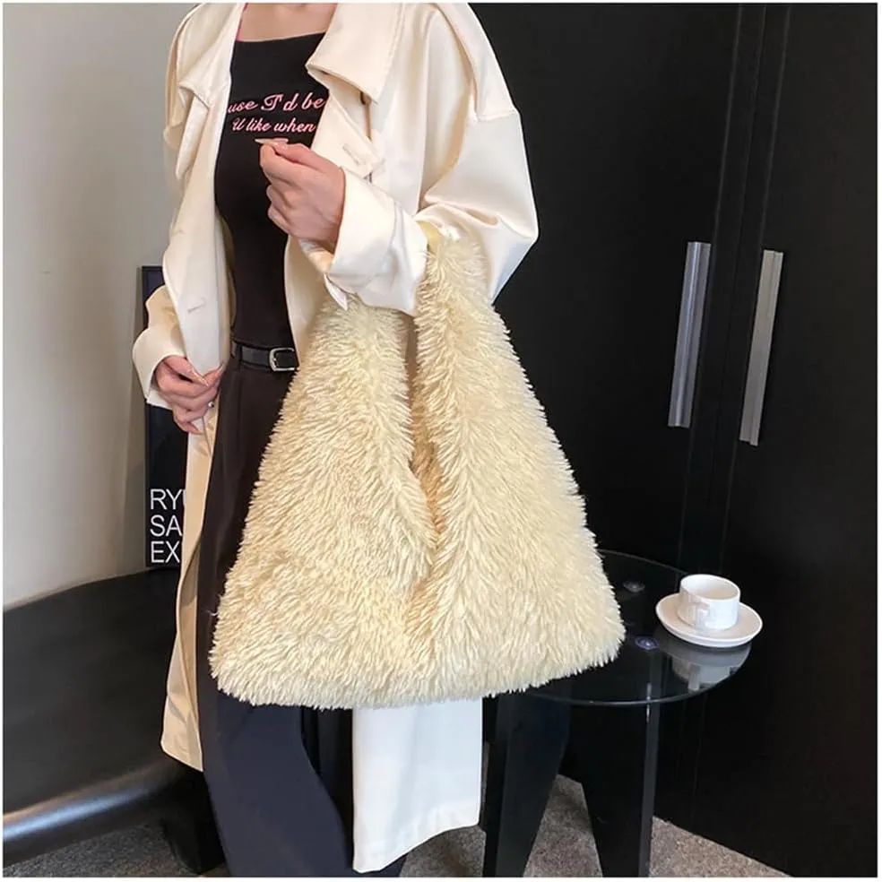 Faux Fur Hobo Shoulder Bag Furry Handbag Purse for Women Winter Y2k Fuzzy Plush Shoulder Tote Bag for Work Shopping