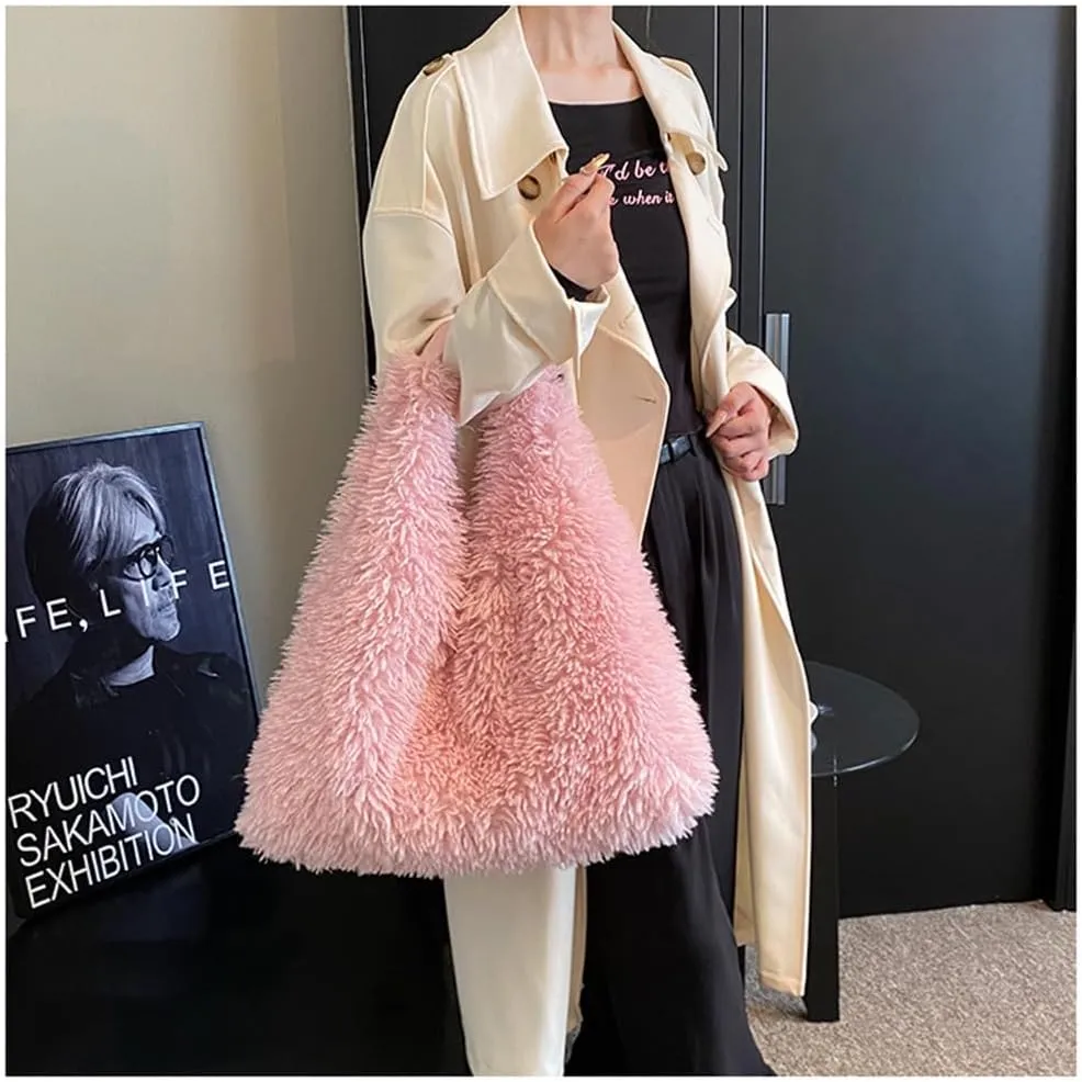 Faux Fur Hobo Shoulder Bag Furry Handbag Purse for Women Winter Y2k Fuzzy Plush Shoulder Tote Bag for Work Shopping