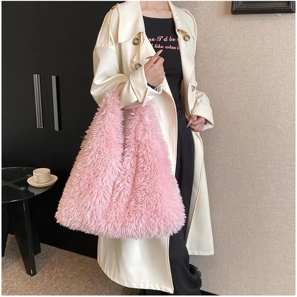 Faux Fur Hobo Shoulder Bag Furry Handbag Purse for Women Winter Y2k Fuzzy Plush Shoulder Tote Bag for Work Shopping