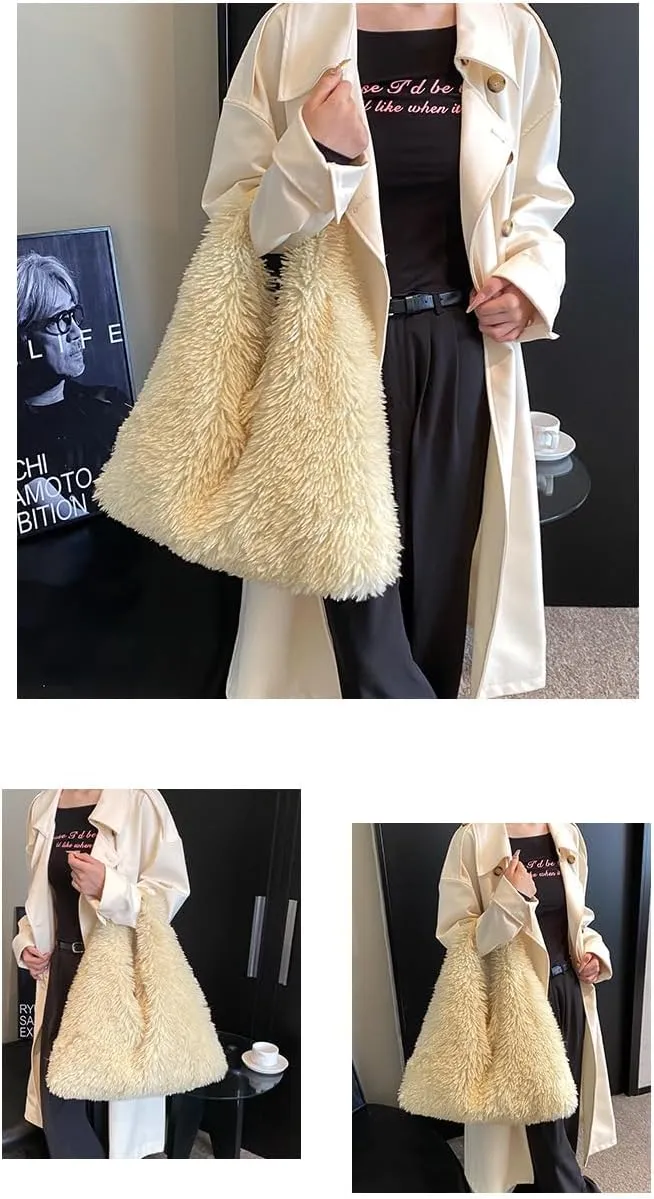 Faux Fur Hobo Shoulder Bag Furry Handbag Purse for Women Winter Y2k Fuzzy Plush Shoulder Tote Bag for Work Shopping