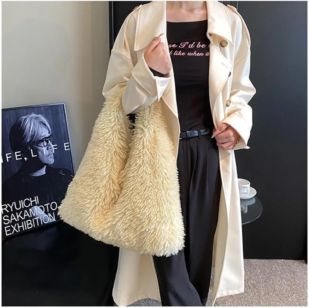 Faux Fur Hobo Shoulder Bag Furry Handbag Purse for Women Winter Y2k Fuzzy Plush Shoulder Tote Bag for Work Shopping
