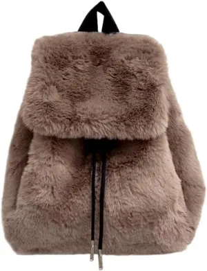 Faux Rabbit Fur Backpack for Women, Small Cute Furry Drawstring Daypack, Winter Soft Plush Shoulder Bag (Brown)