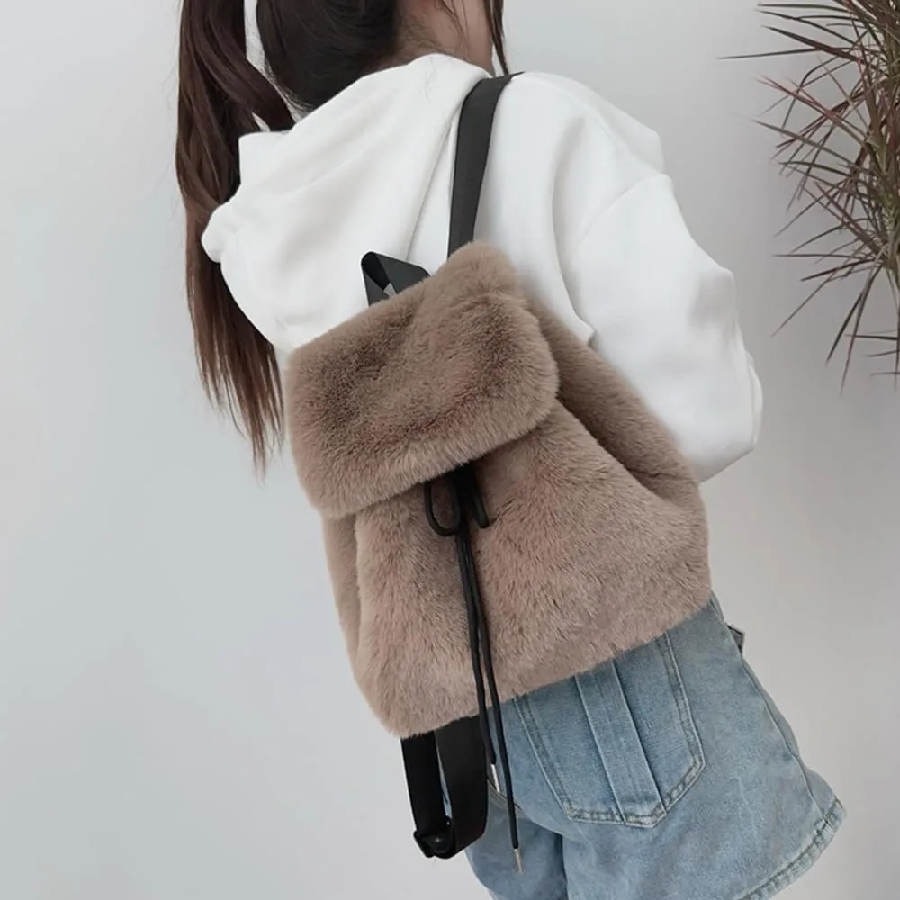 Faux Rabbit Fur Backpack for Women, Small Cute Furry Drawstring Daypack, Winter Soft Plush Shoulder Bag (Brown)