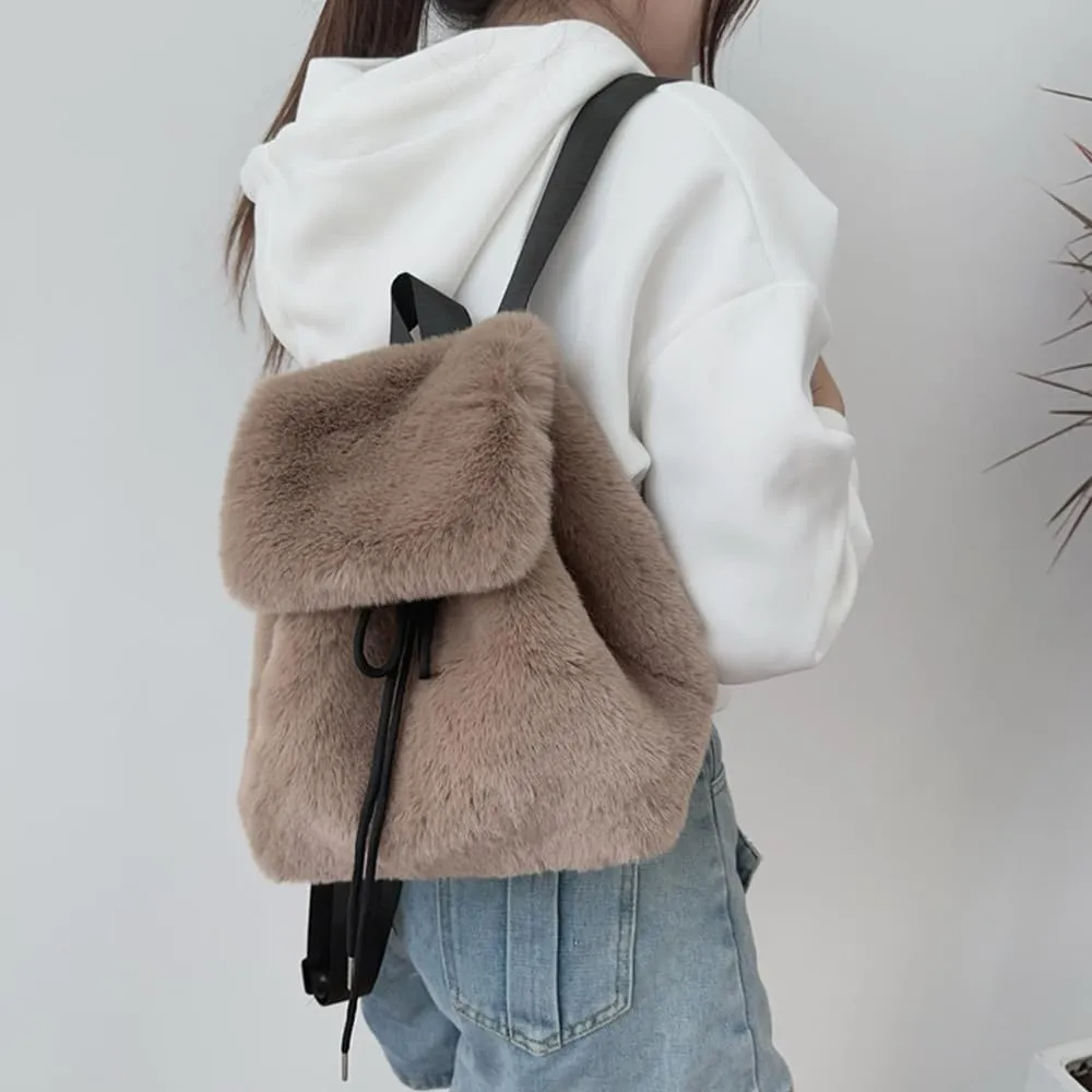 Faux Rabbit Fur Backpack for Women, Small Cute Furry Drawstring Daypack, Winter Soft Plush Shoulder Bag (Brown)