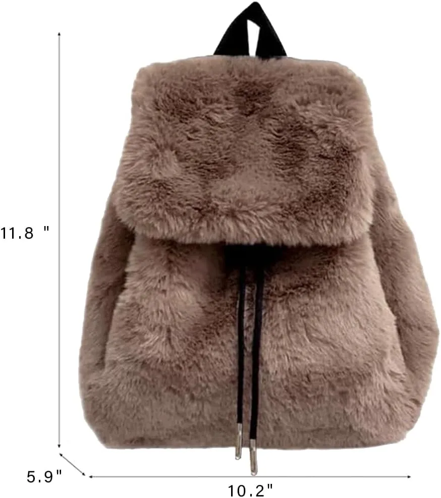 Faux Rabbit Fur Backpack for Women, Small Cute Furry Drawstring Daypack, Winter Soft Plush Shoulder Bag (Brown)