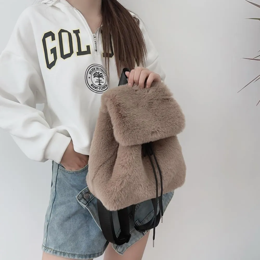 Faux Rabbit Fur Backpack for Women, Small Cute Furry Drawstring Daypack, Winter Soft Plush Shoulder Bag (Brown)