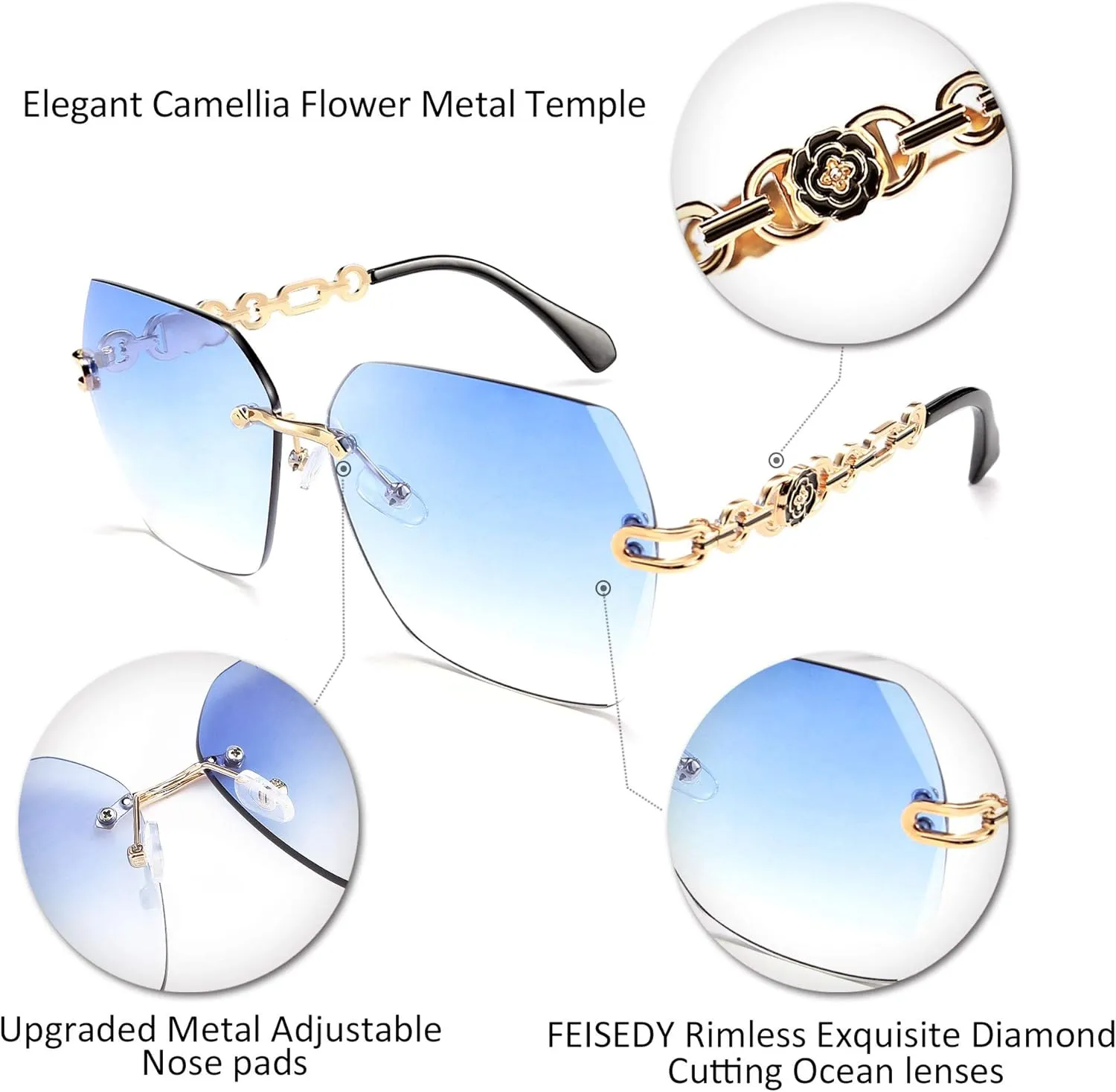 FEISEDY Classic Rimless Sunglasses Women Metal Frame Diamond Cutting Lens Sun Glasses B2567