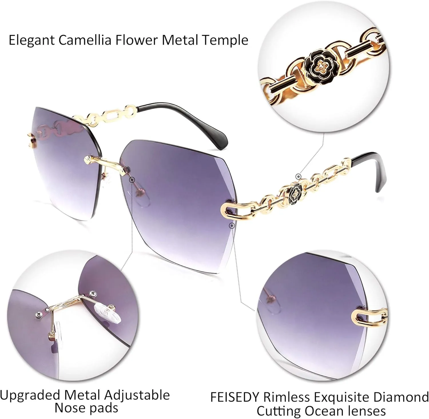 FEISEDY Classic Rimless Sunglasses Women Metal Frame Diamond Cutting Lens Sun Glasses B2567