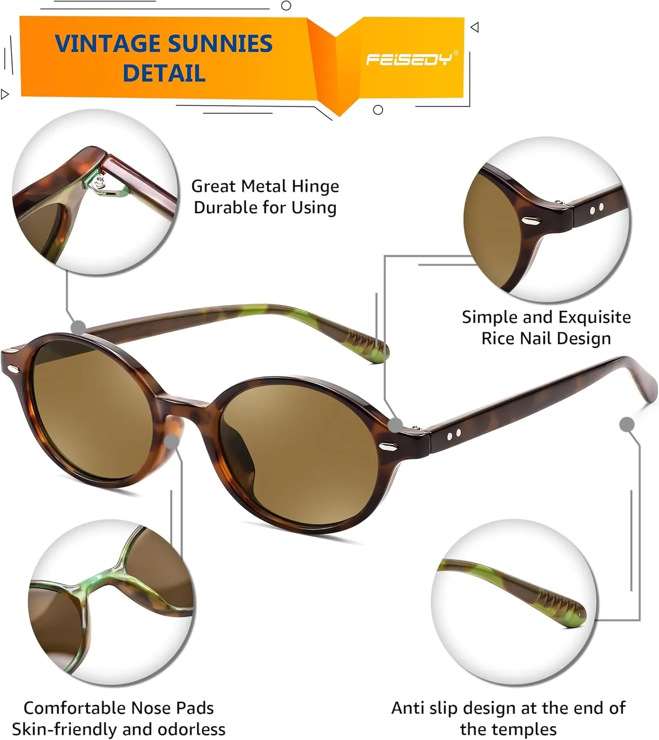 FEISEDY Retro Oval Sunglasses for Women 90s Narrow Round Lightweight Shades Y2k Trendy Sunnies B1171