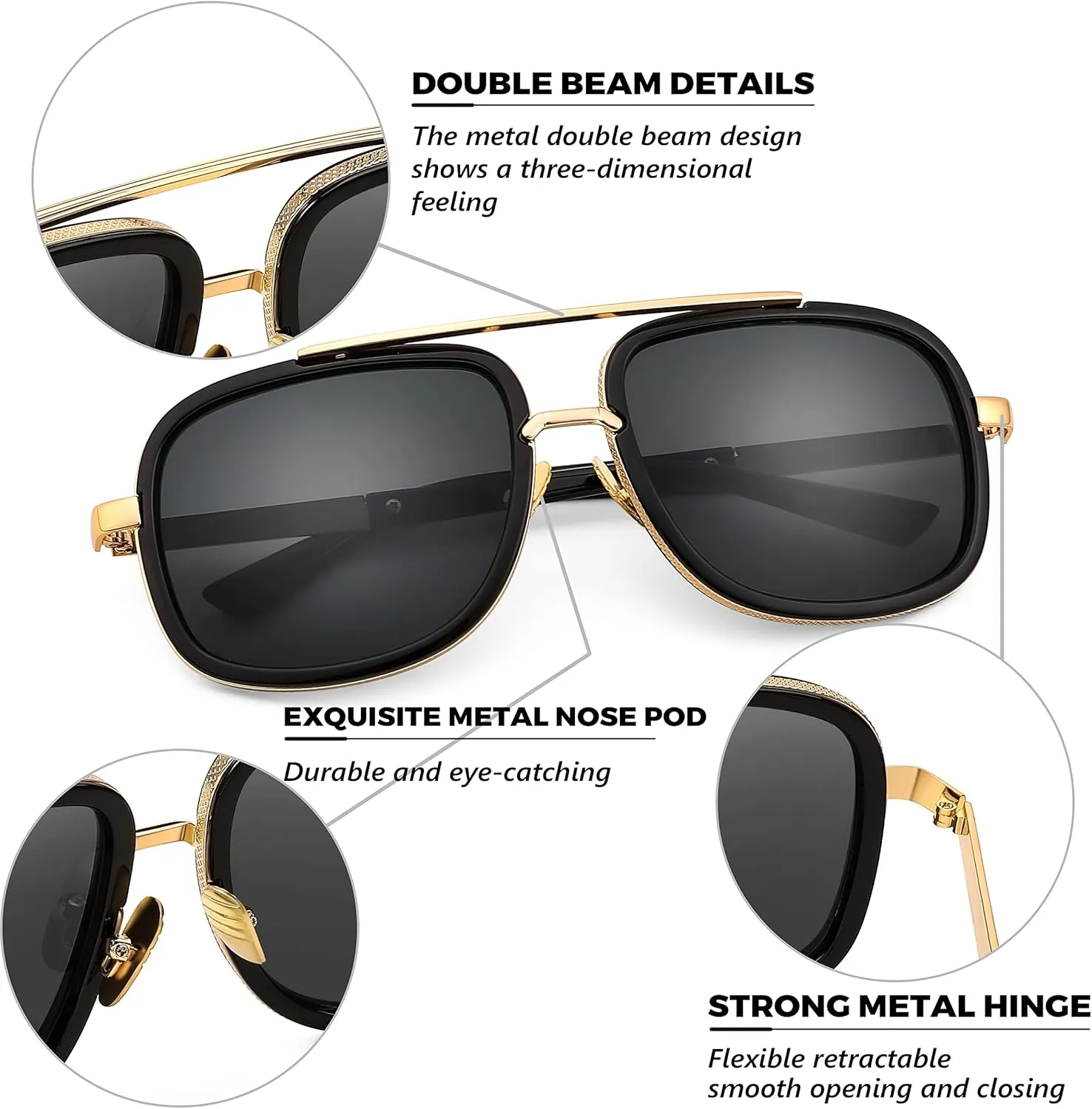FEISEDY Retro Trendy Aviator Sunglasses Women Men Classic Vintage Square Sunglasses 70s Large Metal Shades B2321