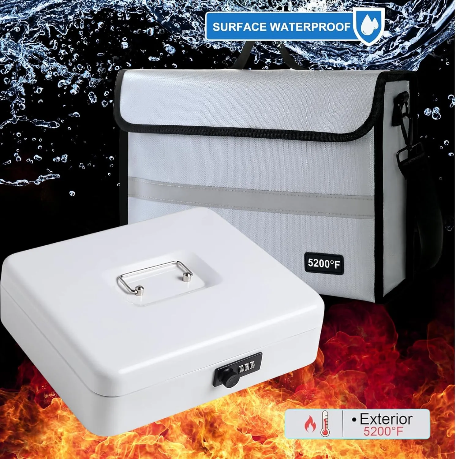 Fireproof Document Bag with Lock Box - Secure Cash, Contracts & Passports Combo