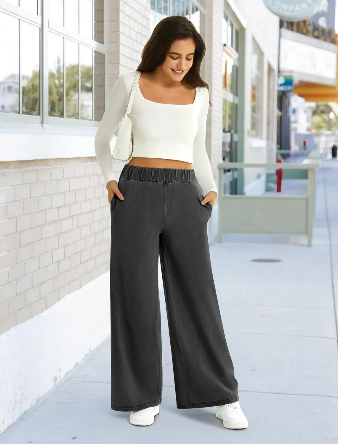 FireSwan Women's Wide Leg Jeans Stretchy Mid Rise Elastic Waist Jeans Baggy Loose Denim Pants with Pockets Trendy Casual