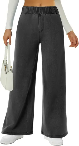 FireSwan Women's Wide Leg Jeans Stretchy Mid Rise Elastic Waist Jeans Baggy Loose Denim Pants with Pockets Trendy Casual