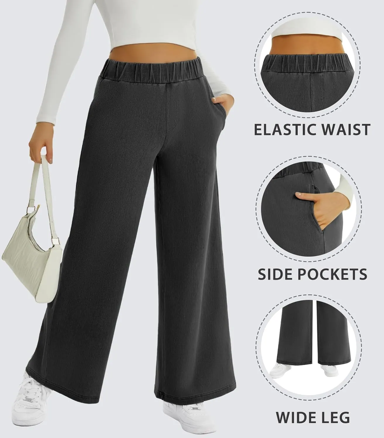 FireSwan Women's Wide Leg Jeans Stretchy Mid Rise Elastic Waist Jeans Baggy Loose Denim Pants with Pockets Trendy Casual