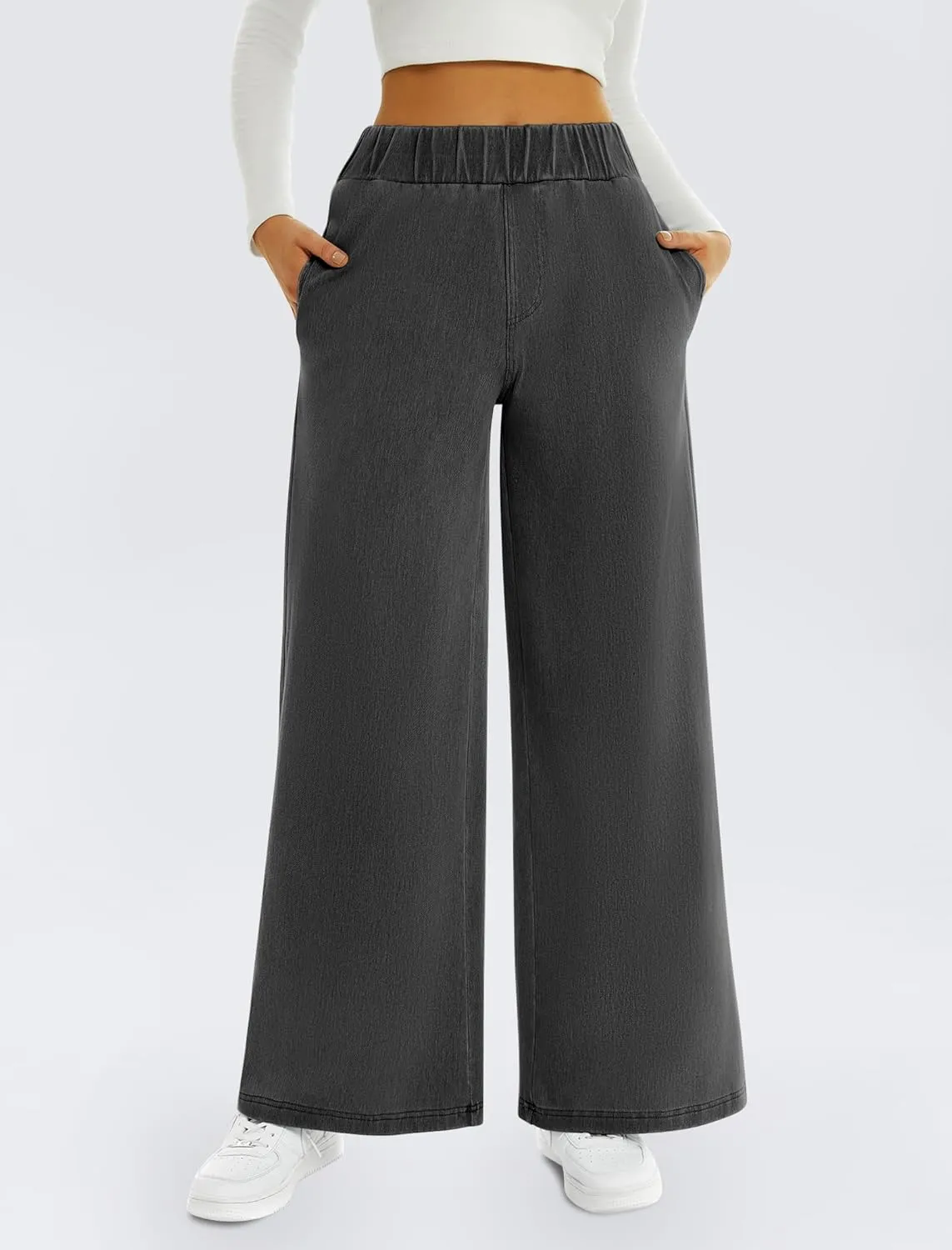 FireSwan Women's Wide Leg Jeans Stretchy Mid Rise Elastic Waist Jeans Baggy Loose Denim Pants with Pockets Trendy Casual