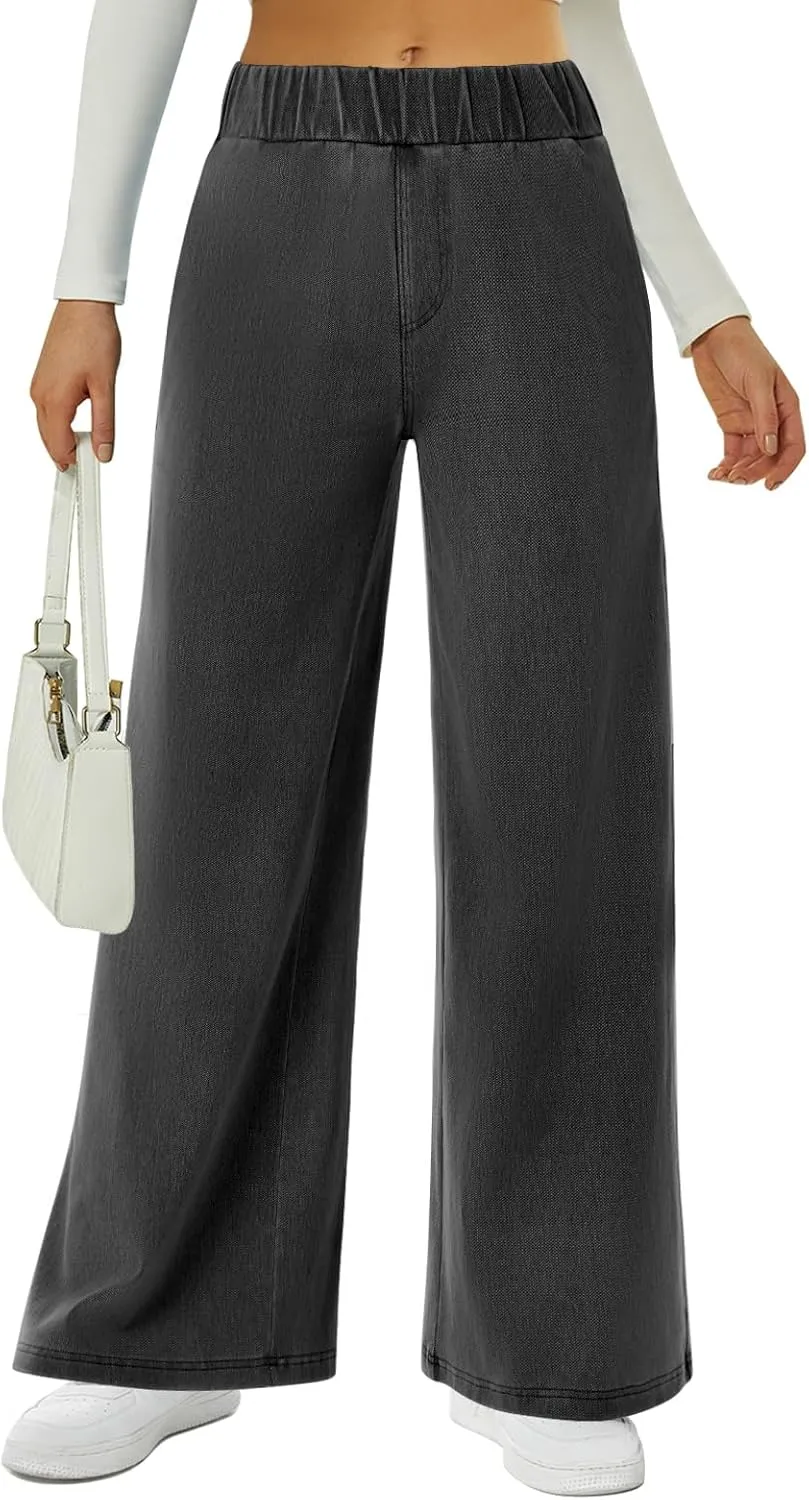 FireSwan Women's Wide Leg Jeans Stretchy Mid Rise Elastic Waist Jeans Baggy Loose Denim Pants with Pockets Trendy Casual