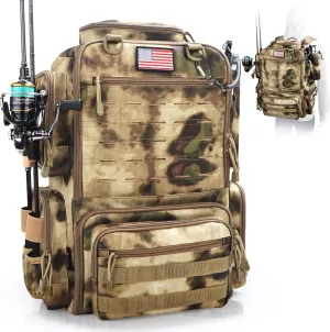 Fishing Backpack, Fishing Tackle Backpack with Rod Holders for 4 Boxes (Box Not Included) 45L Waterproof Fishing Gear, Ideal for Men and Women Large Tackle Box Bag (Sahara Khaki Camo)