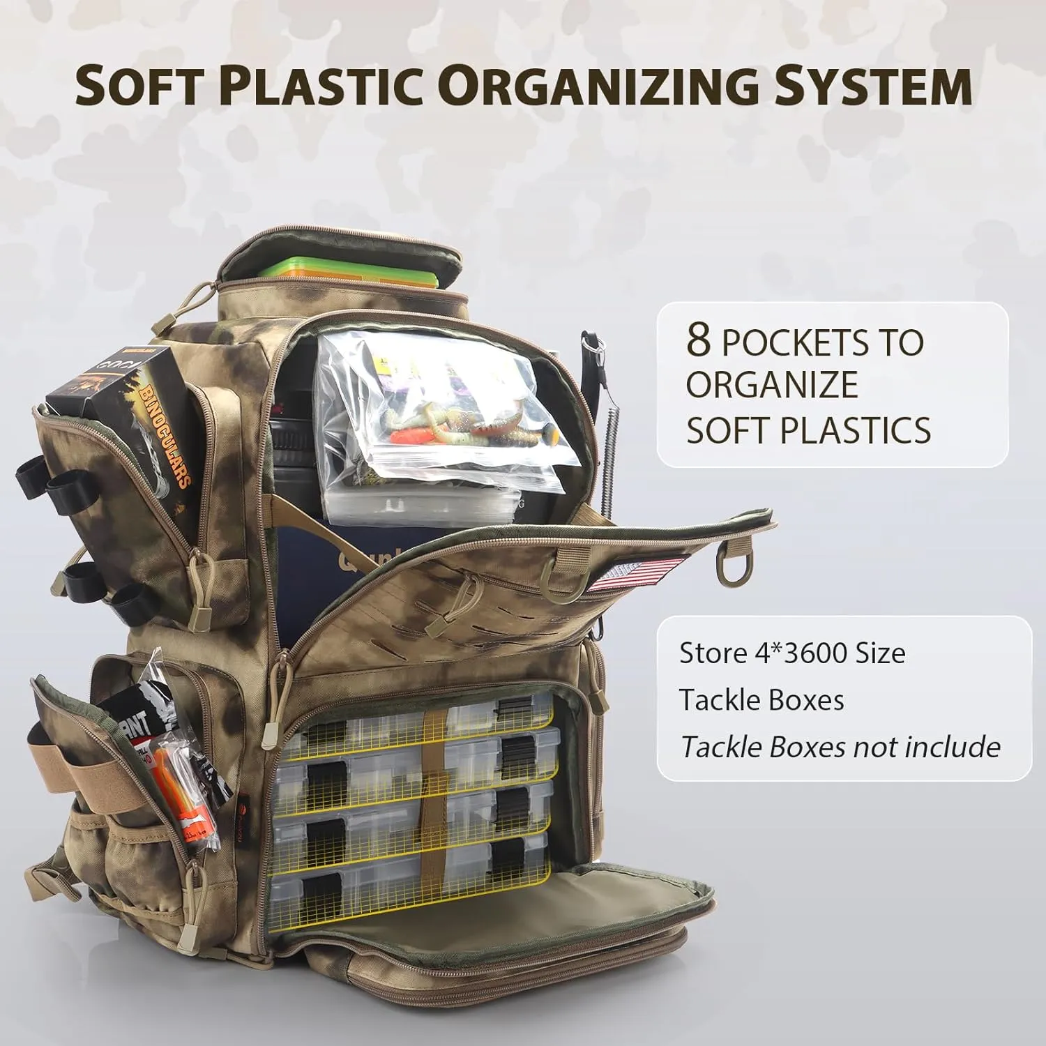 Fishing Backpack, Fishing Tackle Backpack with Rod Holders for 4 Boxes (Box Not Included) 45L Waterproof Fishing Gear, Ideal for Men and Women Large Tackle Box Bag (Sahara Khaki Camo)