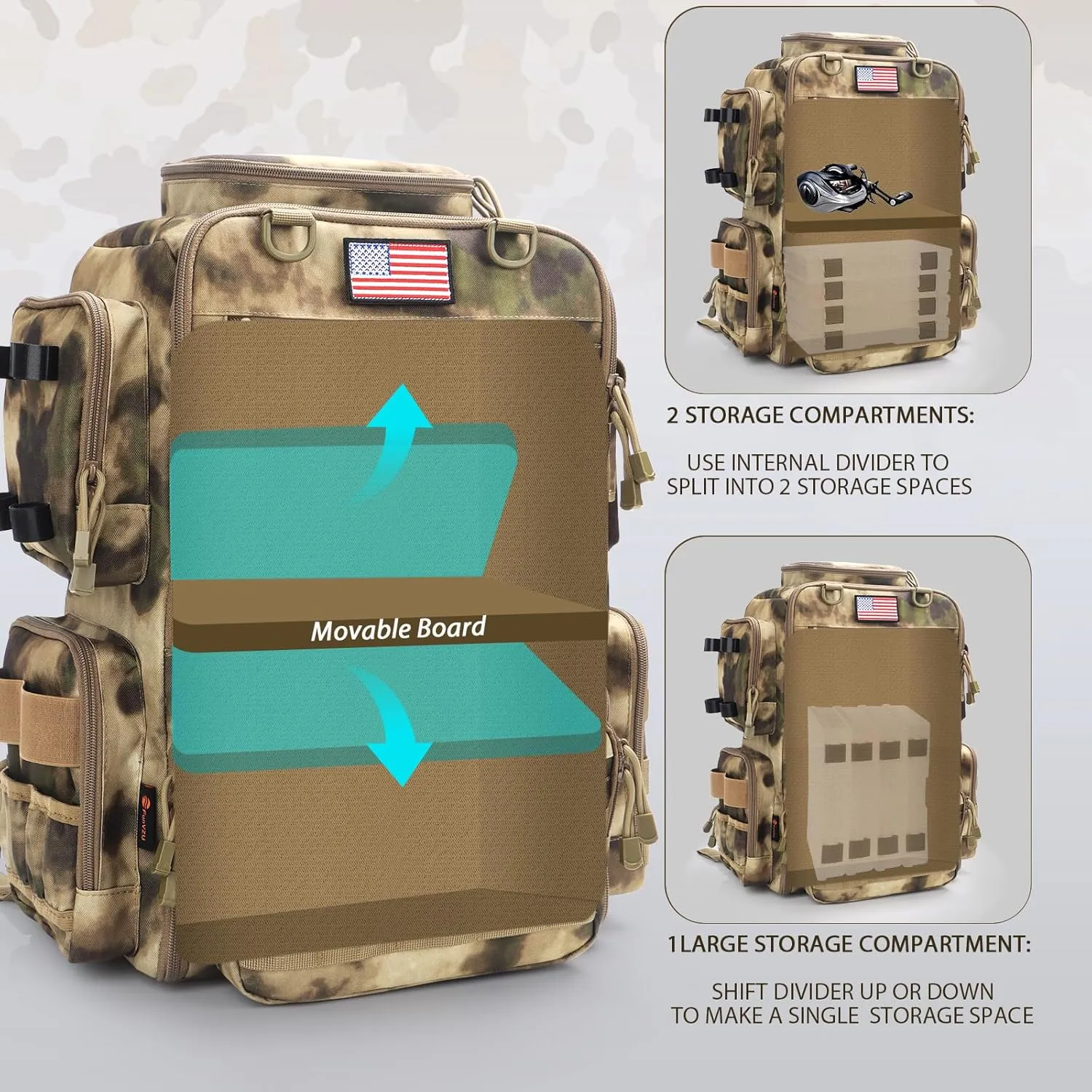 Fishing Backpack, Fishing Tackle Backpack with Rod Holders for 4 Boxes (Box Not Included) 45L Waterproof Fishing Gear, Ideal for Men and Women Large Tackle Box Bag (Sahara Khaki Camo)