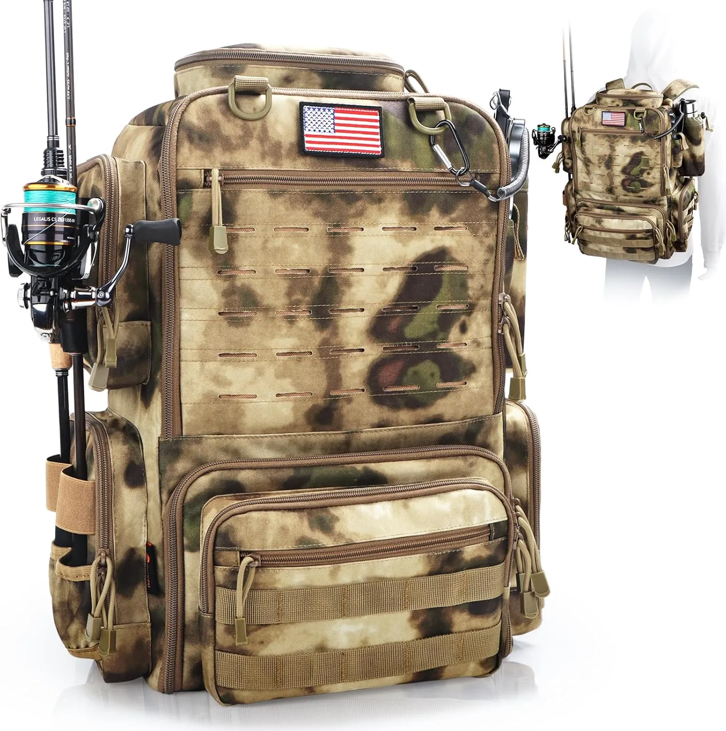 Fishing Backpack, Fishing Tackle Backpack with Rod Holders for 4 Boxes (Box Not Included) 45L Waterproof Fishing Gear, Ideal for Men and Women Large Tackle Box Bag (Sahara Khaki Camo)