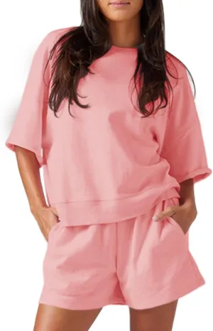 Fisoew Womens 2 Piece Outfits Casual Oversized Cropped Sweatshirt and High Waist Running Shorts Tracksuit Sets