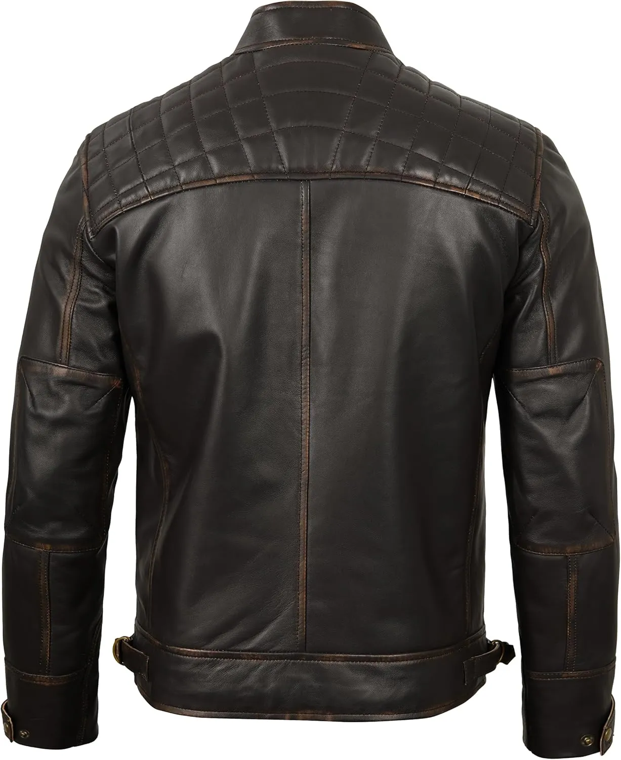 fjackets Real Lambskin Mens Leather Jackets - Quilted Cafe Racer Zip Up Moto Style Leather Jacket Men