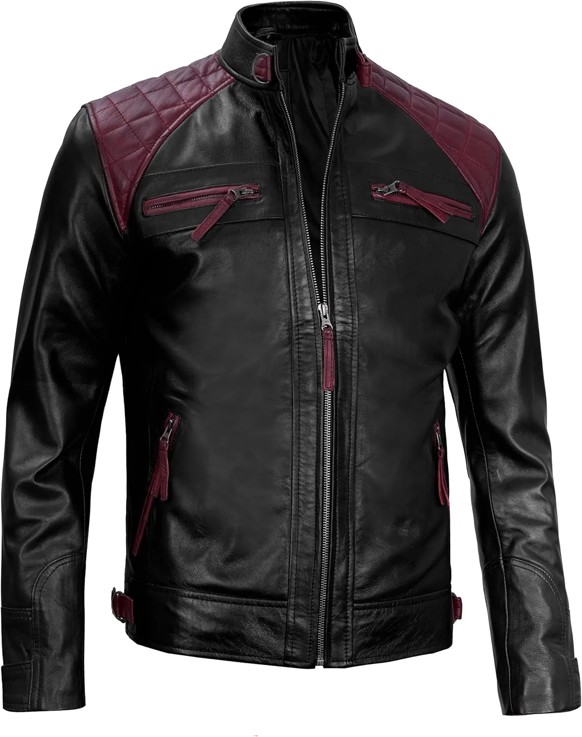 fjackets Real Lambskin Mens Leather Jackets - Quilted Cafe Racer Zip Up Moto Style Leather Jacket Men