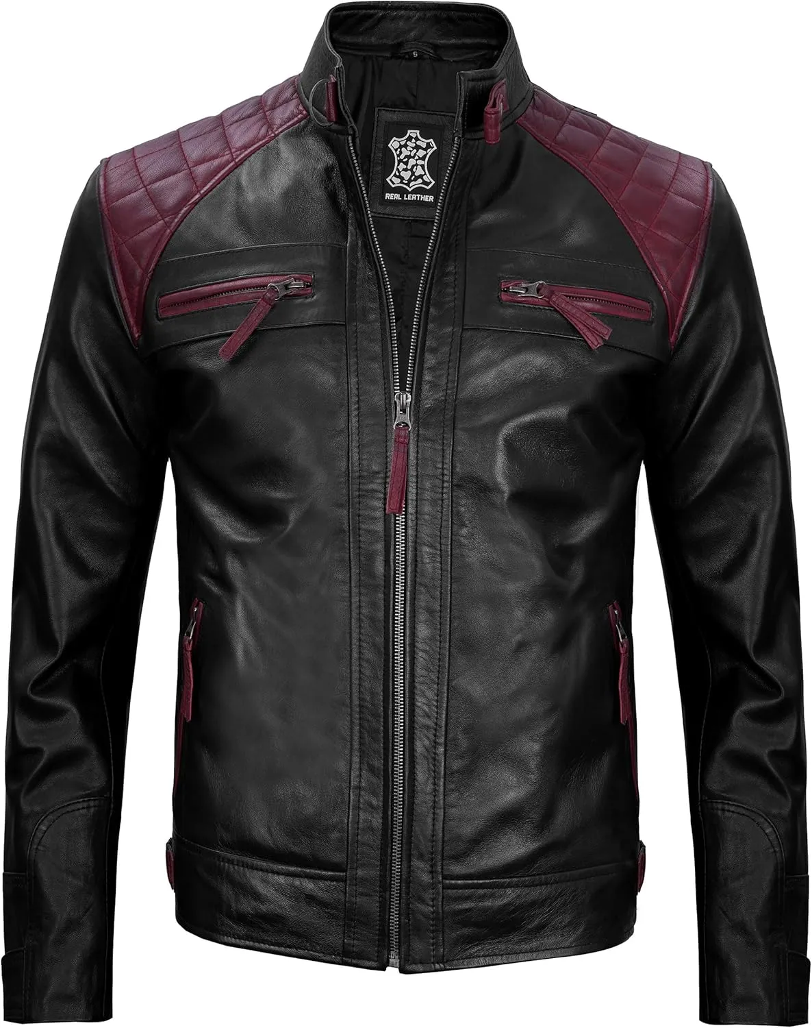 fjackets Real Lambskin Mens Leather Jackets - Quilted Cafe Racer Zip Up Moto Style Leather Jacket Men
