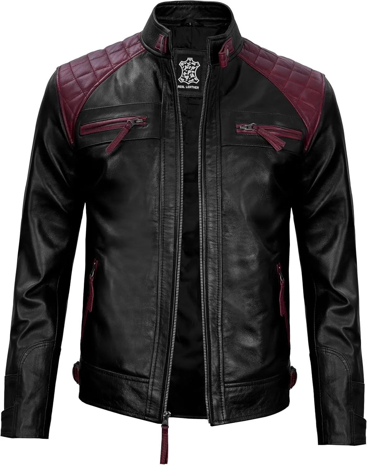 fjackets Real Lambskin Mens Leather Jackets - Quilted Cafe Racer Zip Up Moto Style Leather Jacket Men