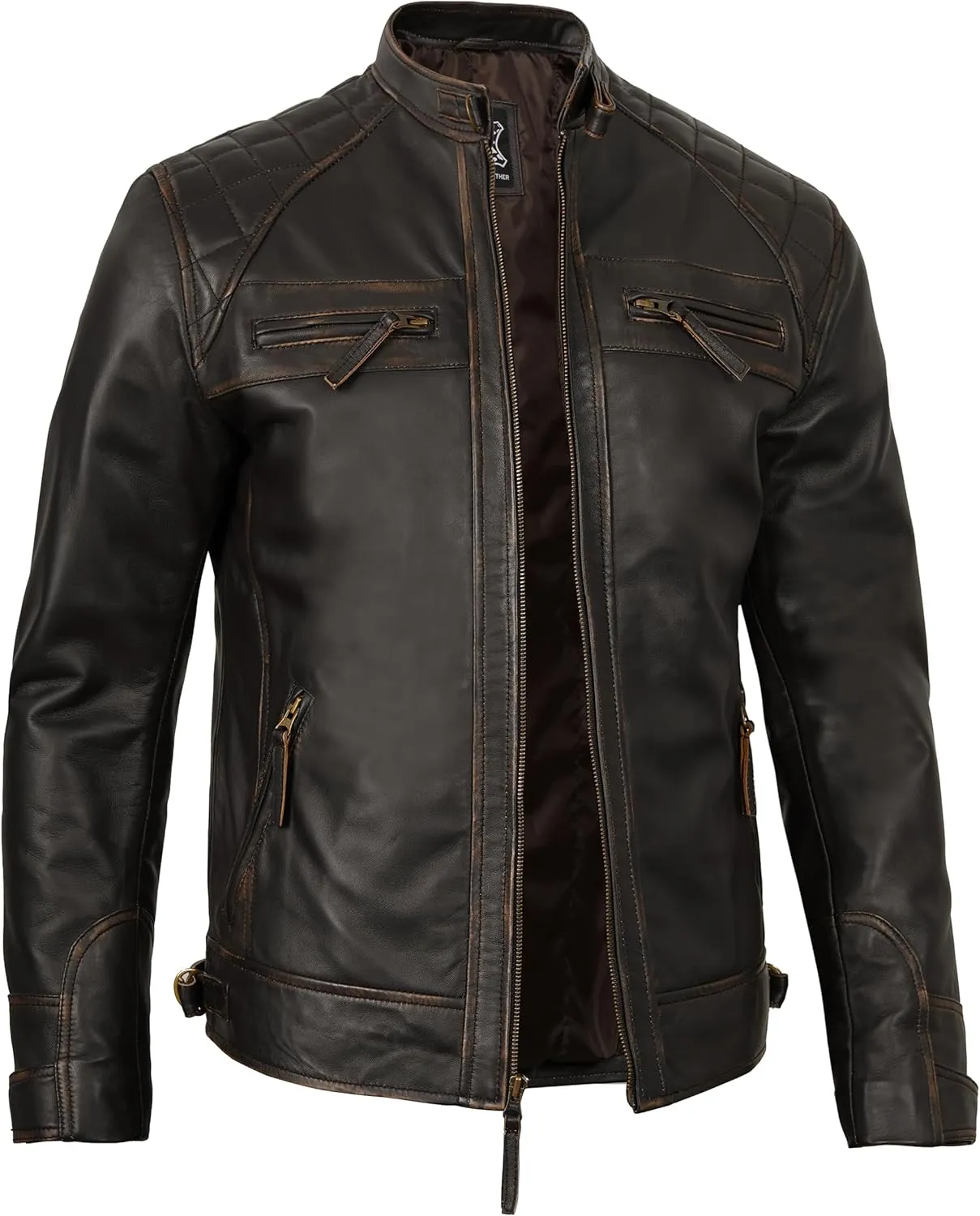 fjackets Real Lambskin Mens Leather Jackets - Quilted Cafe Racer Zip Up Moto Style Leather Jacket Men