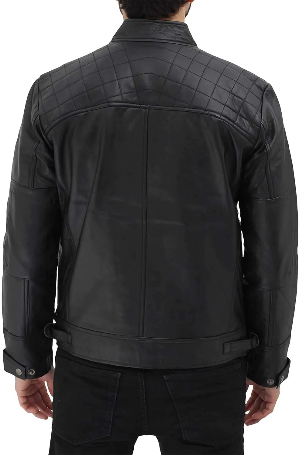 fjackets Real Lambskin Mens Leather Jackets - Quilted Cafe Racer Zip Up Moto Style Leather Jacket Men