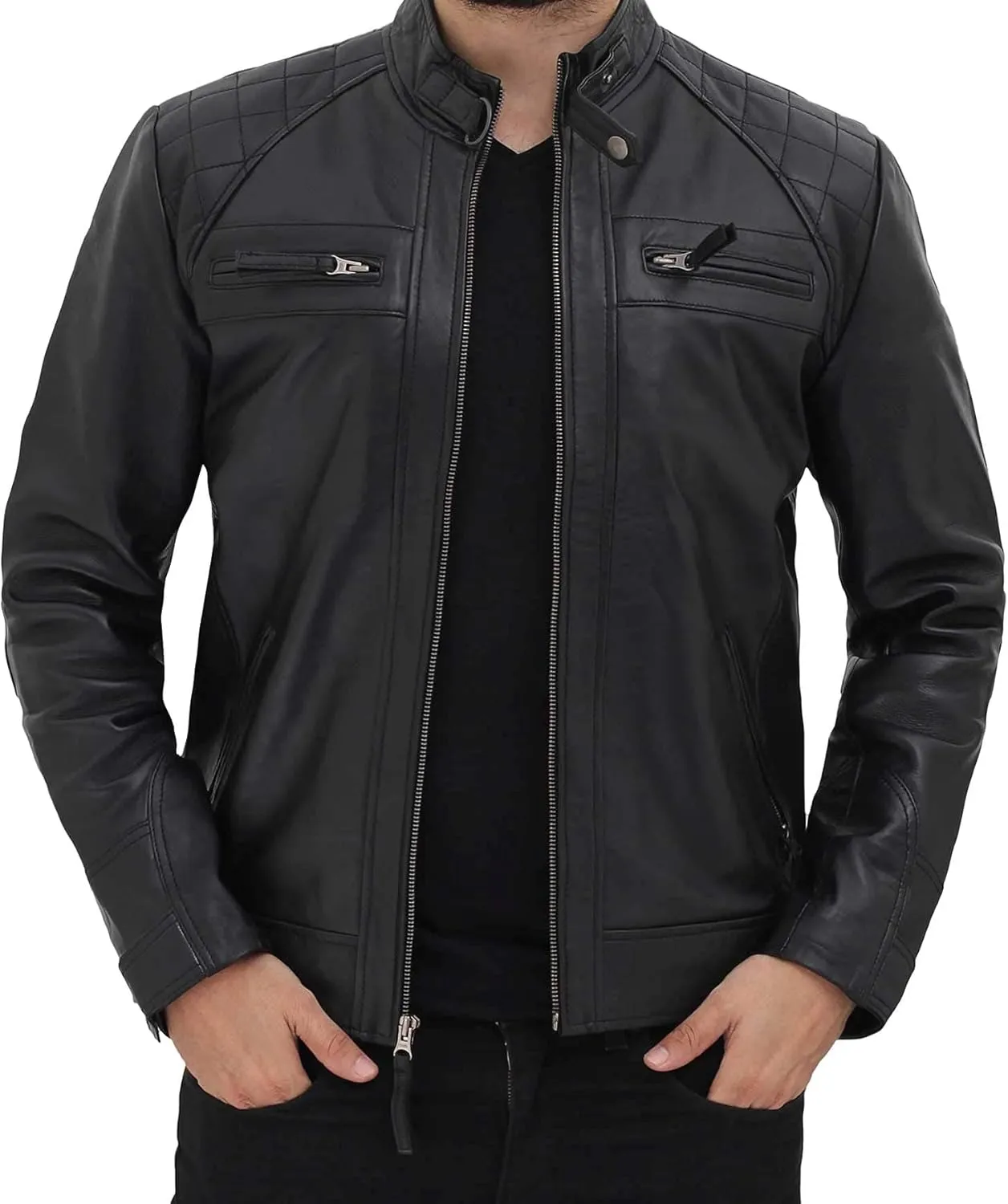 fjackets Real Lambskin Mens Leather Jackets - Quilted Cafe Racer Zip Up Moto Style Leather Jacket Men