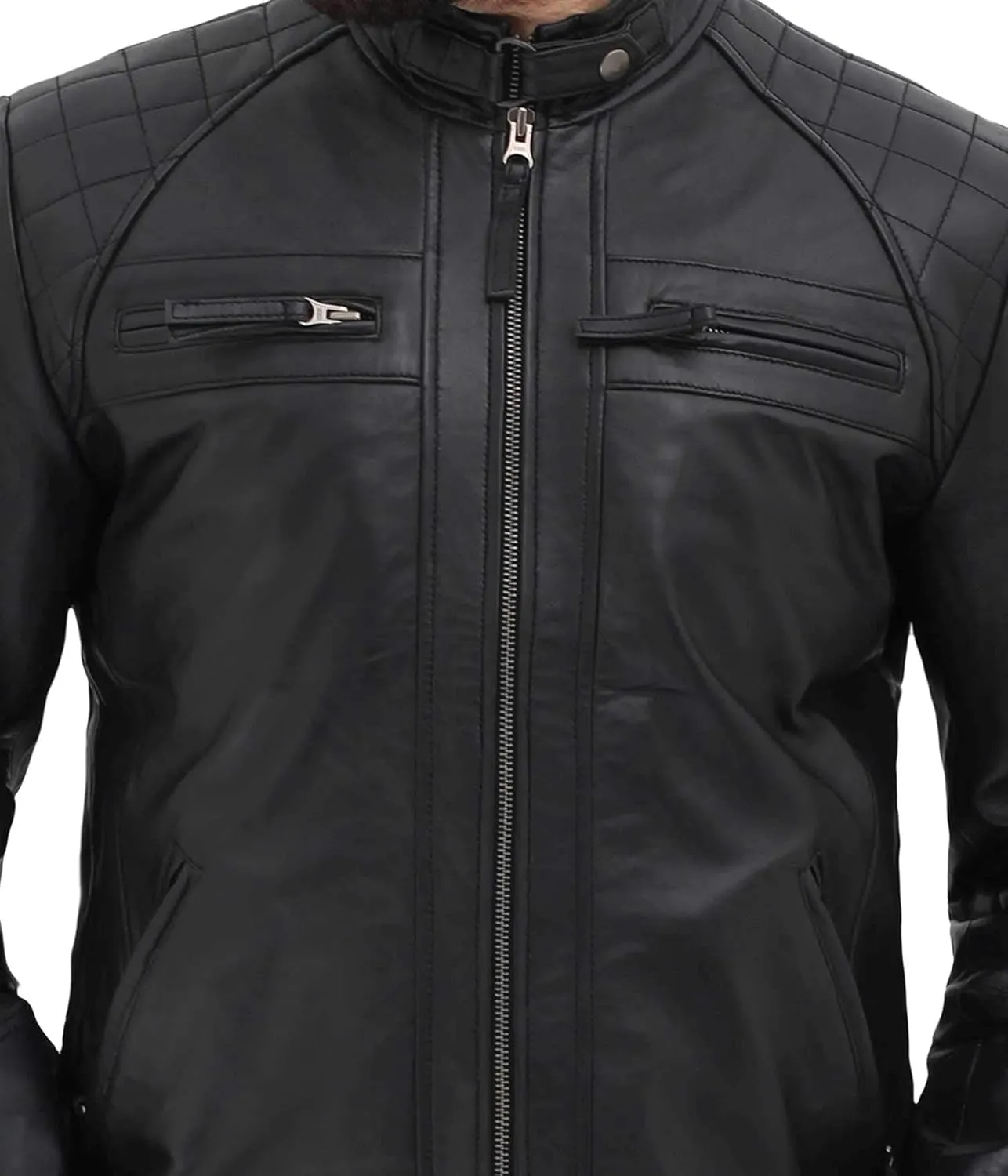 fjackets Real Lambskin Mens Leather Jackets - Quilted Cafe Racer Zip Up Moto Style Leather Jacket Men
